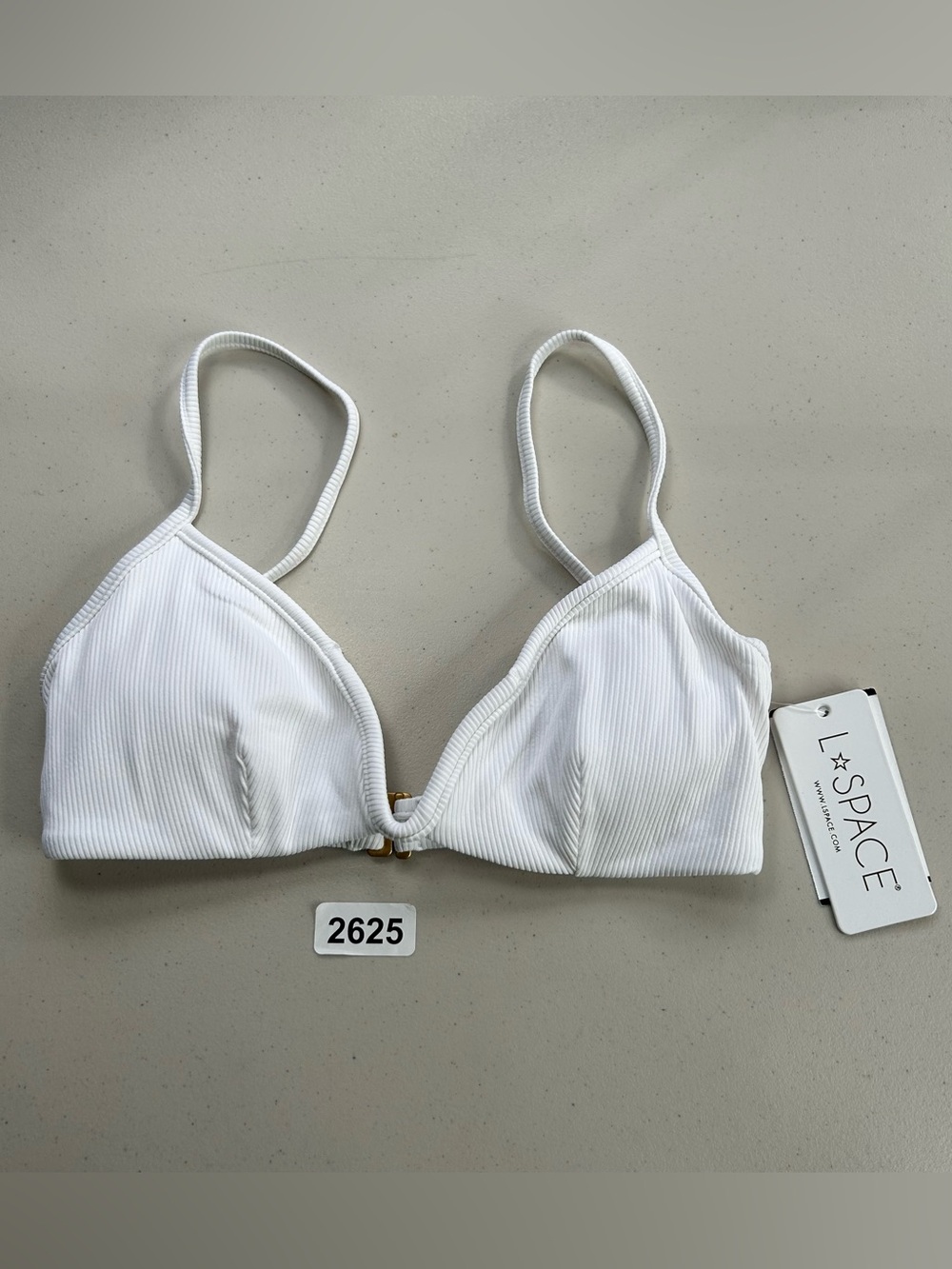 L*SPACE Helena Bikini Top XS White Ribbed Gold V Wire Swimwear Bachelorette NWT
